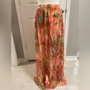 Bohemian High Waist Layered Skirt Salmon & Pink Floral Print Zipper Medium